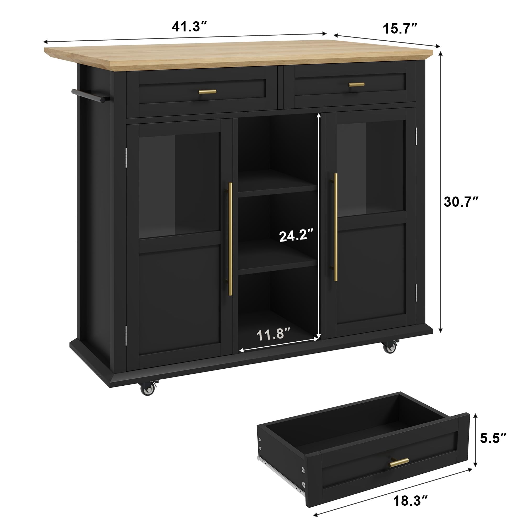 Kselythan Foldable Kitchen Island On Wheels,Rolling Kitchen Island Cart with 2 Glass Doors,Spice Rack & Towel Holder,Kitchen Island Table with Storage Cabinet,Compact Mobile Storage Cart for Kitchen