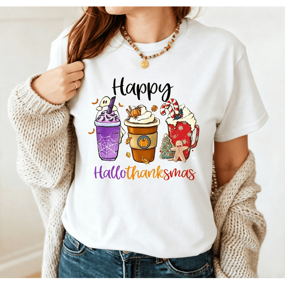 Hallothanksmas Coffee T-Shirt: Halloween Thanksgiving Christmas Tee Crew Neck Short Sleeve Casual Tshirt For Women