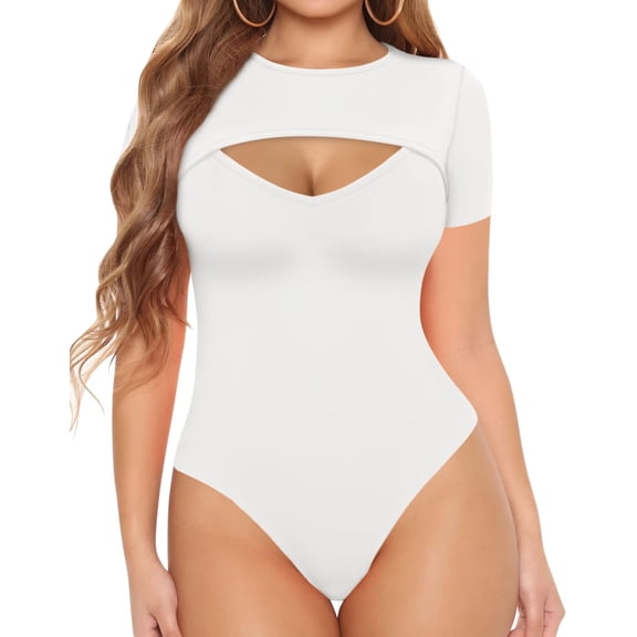YOUI-GIFTS Sexy Cutout Front V Neck Short Sleeve Bodysuit for Women for Going Out