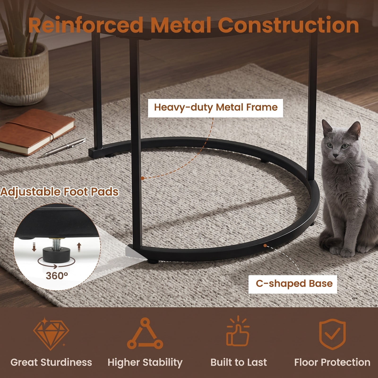 Furnibear Set of 2 Modern Round Nesting Coffee Tables, Stackable Space-Saving Side End Tables with Powder-Coated Steel Frame for Living Room Bedroom, Oak