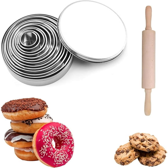 Lqucwepp 12PCS Round Cookie Cutter Set,Stainless Steel Circle Biscuit Cutters Donut Cutter Set with a Rolling Pin for Dough Pastry Biscuits English Muffins