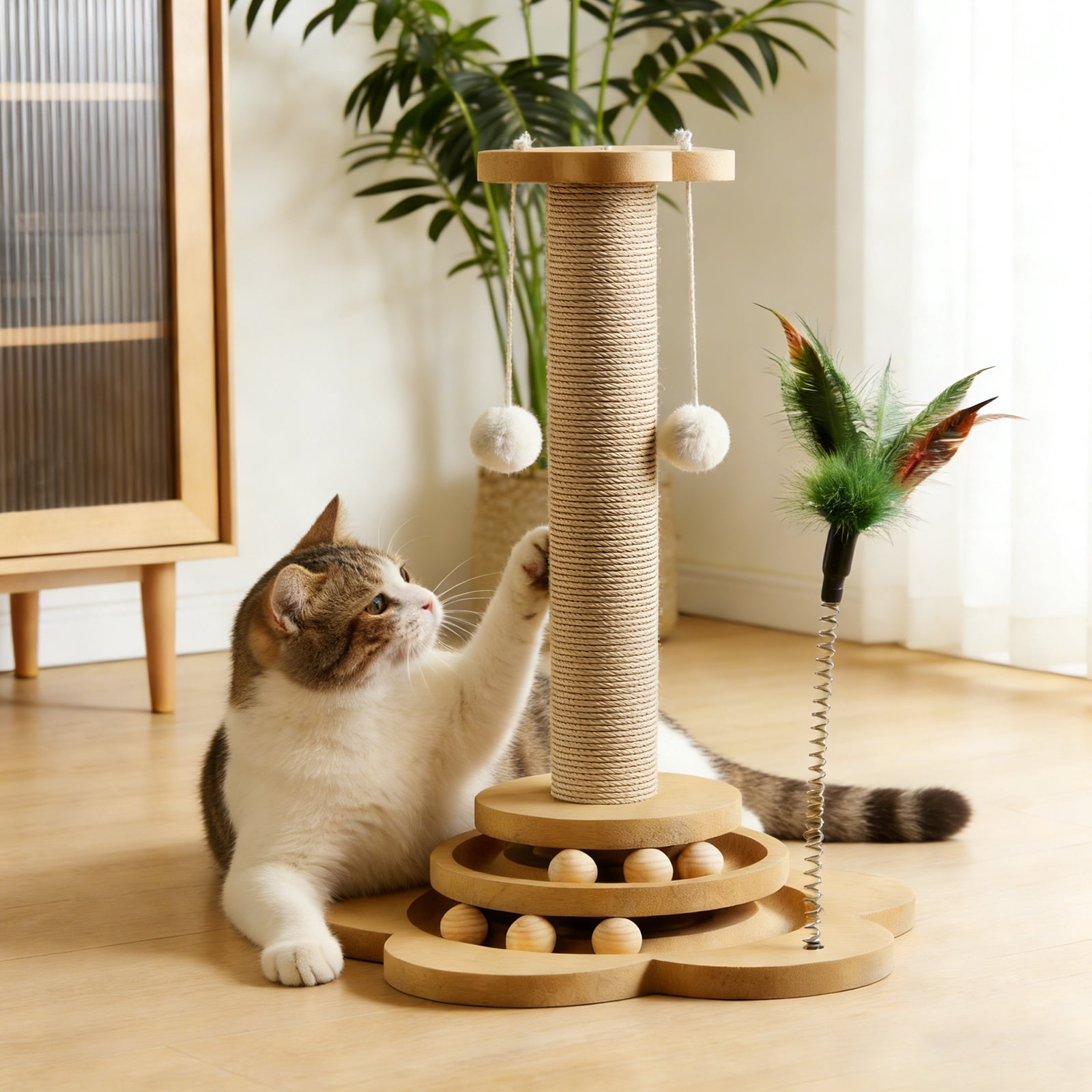 18.1 in Solid Wood Cat Scratching Post with Sisal-Covered, Rolling Balls, and Feather Teaser - Interactive Cat Scratcher for Play, Scratch, and Rest, Protects Furniture