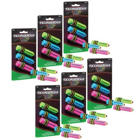 Dixon Ticonderoga  Pencil Shaped Neon Erasers for Grade K-12, Assorted Color - Pack of 6 - 3 Per Pack