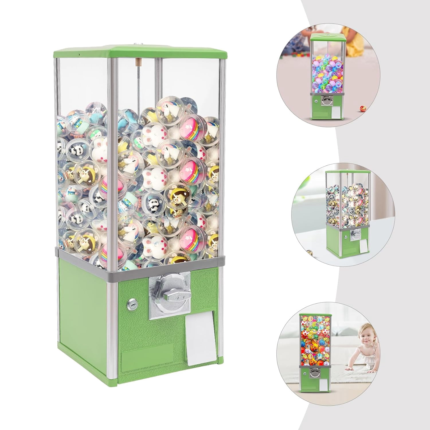 Candy Dispenser 25 Cents Commercial Gumball Dispenser Machine with Keys Balls Capsule Toys Vending Machine for Business Retail Stores Game Halls,10.2x10.2x25.2in (Light Green)