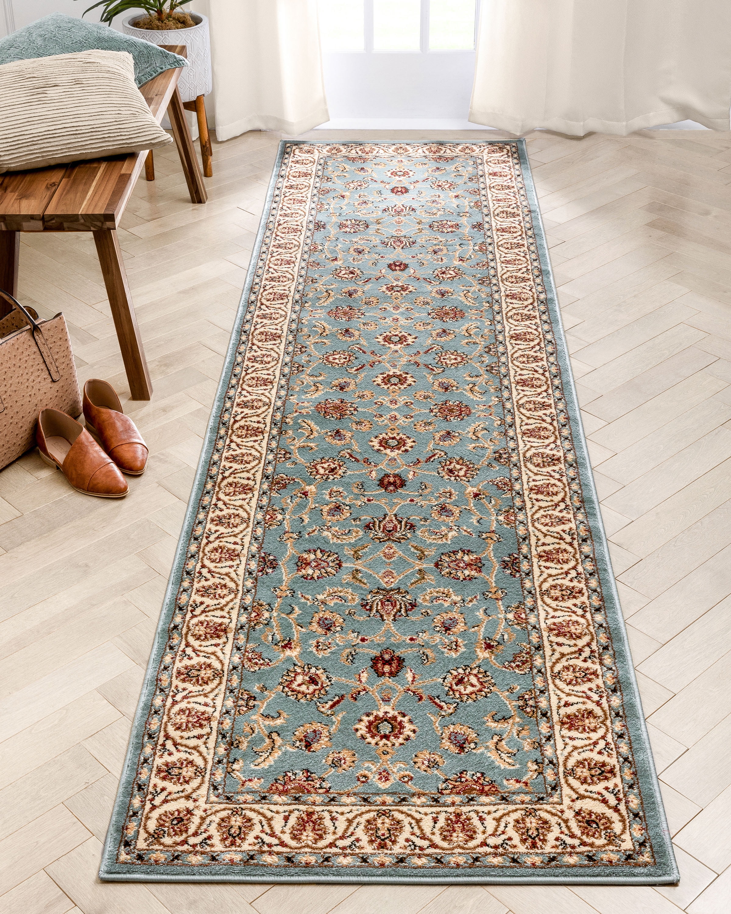 Well Woven Barclay Sarouk Traditional Oriental Panel Light Blue 2'7" x 9'6" Runner Rug