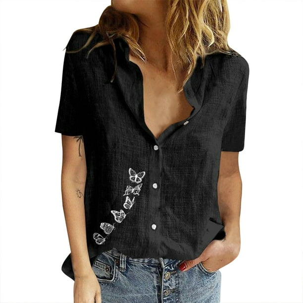 Gibobby Camisetas Mujer Baratas Manga Corta Algodón Casual Suelto Personalidad Impreso Solapa Botón Manga Corta(Negro,XL)