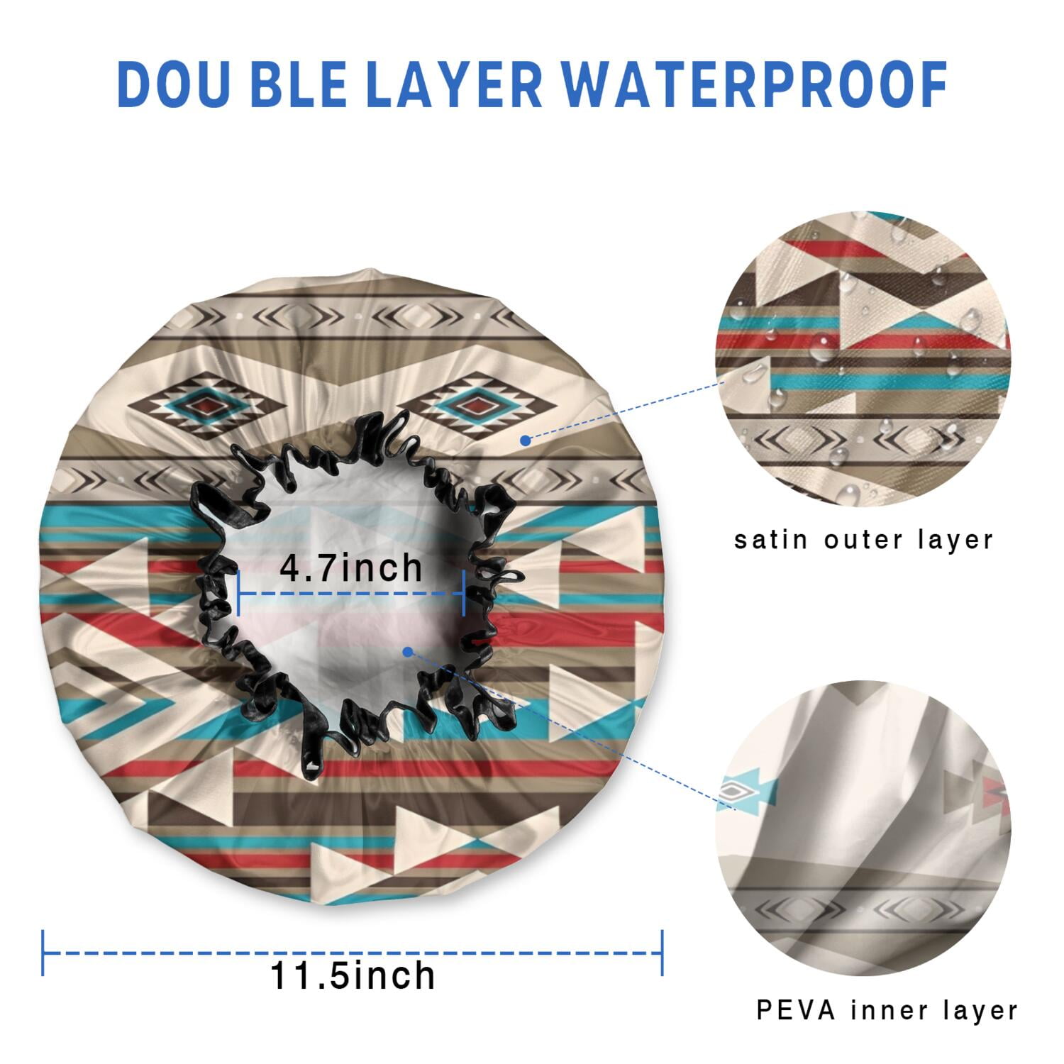 Shower Caps,Brown Triangular Geometric Pattern Waterproof Shower Cap for Women 4 Pieces,Double Reusable Hair Cover for Shower PEVA Elastic Stretch Hem