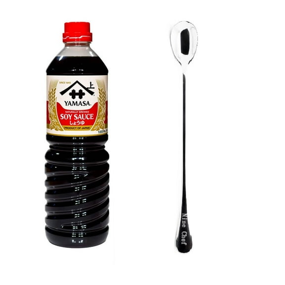 NineChef Bundle - Yamasa - Soy Sauce 34 fl. oz ( Pack 3) 1 NineChef Spoon, Naturally Brewed Preservative Free,Japan Imported