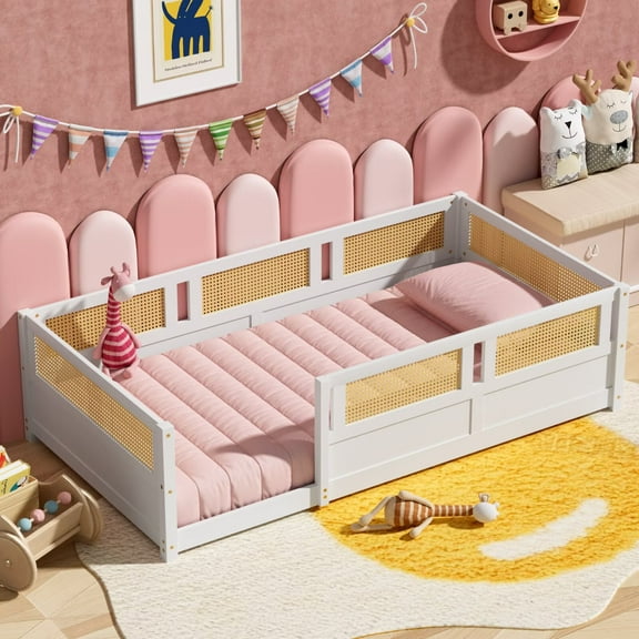 Twin Size Floor Bed with PE Rattan High Fence, Wood Montessori Bed Frame with Slats for Children Girls Boys, White
