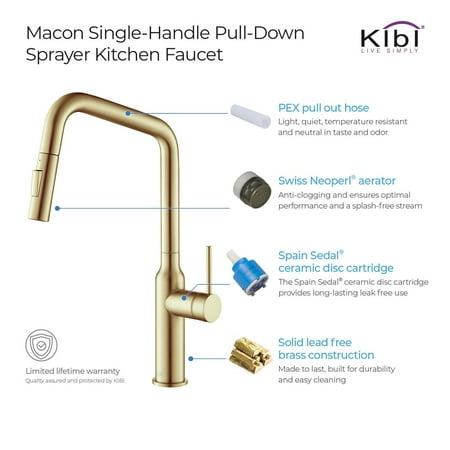 Kibi USA Brass High Arc Single Lever Kitchen Faucet with Pull Down Sprayer Brushed Gold Brushed