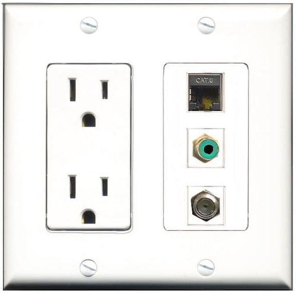 RiteAV - 15 Amp Power Outlet 1 Port RCA Green 1 Port Coax 1 Port Shielded Cat6 Ethernet Ethernet Decorative Wall Plate