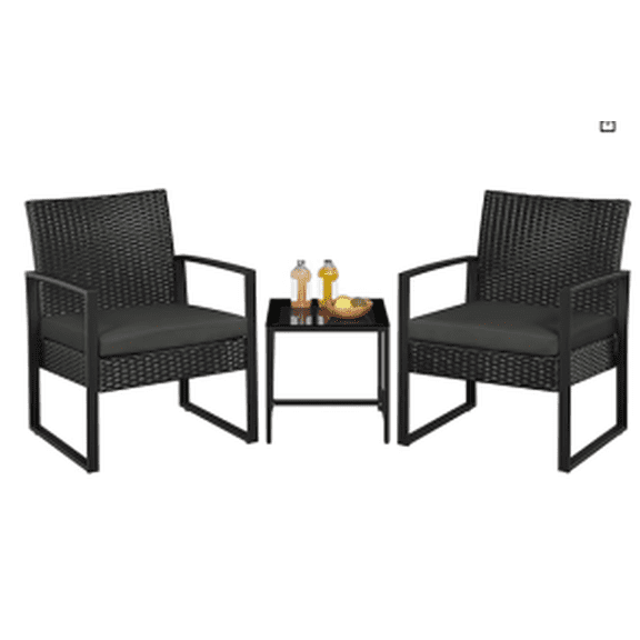 3-Piece PE Rattan Patio Bistro Set, Outdoor Wicker Furniture with Tempered Glass Coffee Table, All-Weather Conversation Design for Patio, Garden, Balcony & Backyard, Black Rattan/Beige Cushion