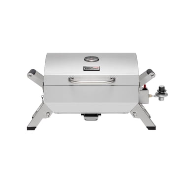 Stainless Steel Portable Grill with Two Handles and Travel Locks, Tabletop Propane Gas Grill with Folding Legs, 10000 BTU, for Picnic Cookout, GT2001, Silver