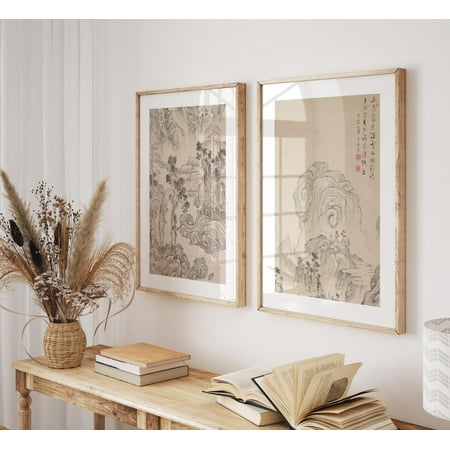 UNFFRAMED Vintage Japanese Landscape Posters Set, Wabi Sabi Japandi Wall Art Set 2 Prints 8x12