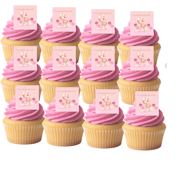 Pink Teddy Bear Baby Cupcake Picks – 24 Edible Wafer Paper Decorations
