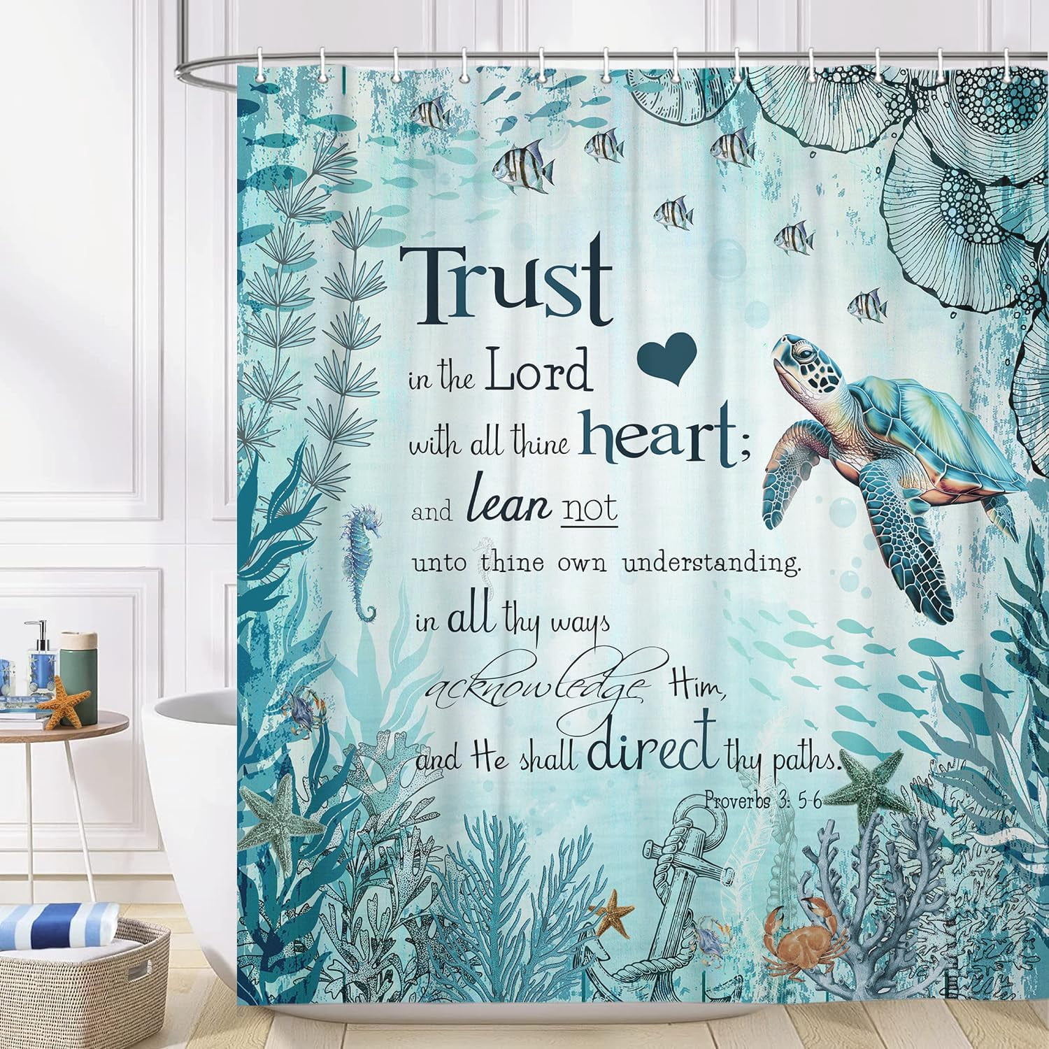 Veigike Sea Turtle Bible Verse Polyester Shower Curtain, 70" x 70"