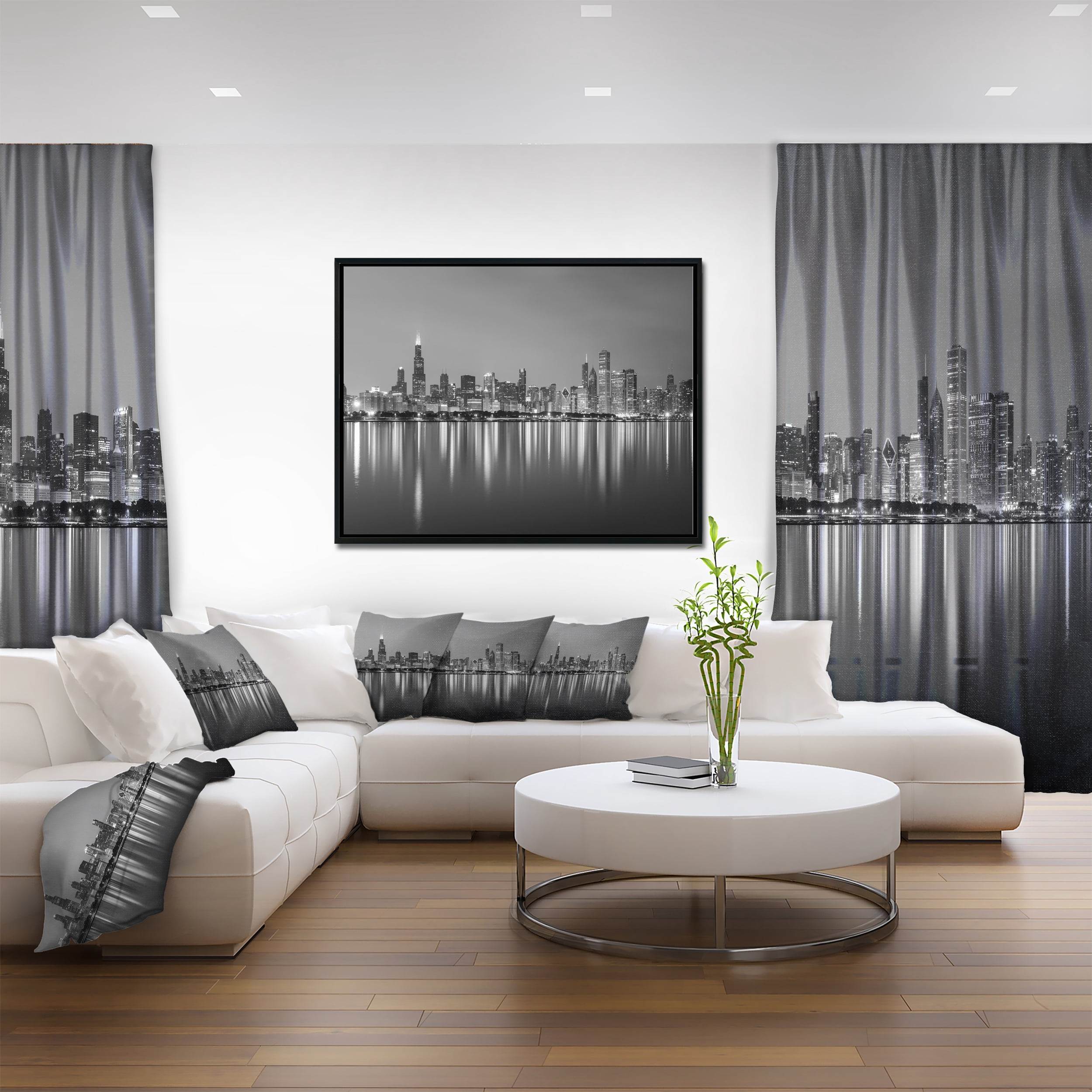 Designart ' Chicago Skyline at Night Black and White ' Cityscape Framed Canvas Print