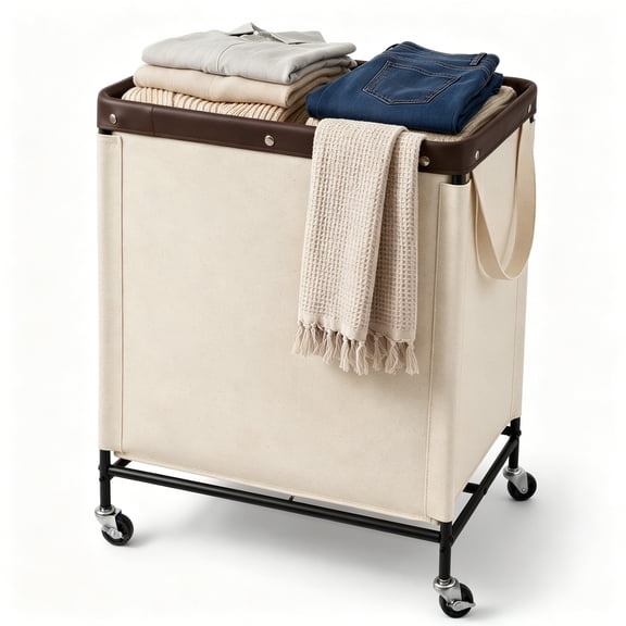 StorageWorks 2 Section Laundry Hamper, 100L Laundry Sorter Cart with Wheels and Handle, Beige