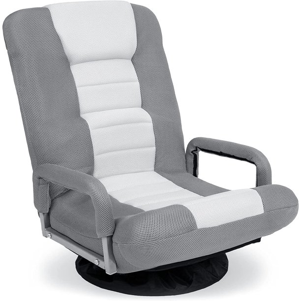 Songqin Swivel Gaming Chair 360 Degree Multipurpose Floor Chair Rocker for TV, Reading, Playing Video Games w/Lumbar Support, Armrest Handles, Adjustable Foldable Backrest - Gray/White