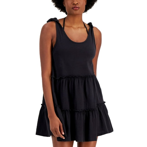 Miken Junior's Cotton Tie Shoulder Tiered Cover Up Dress Swimsuit Black Size Large