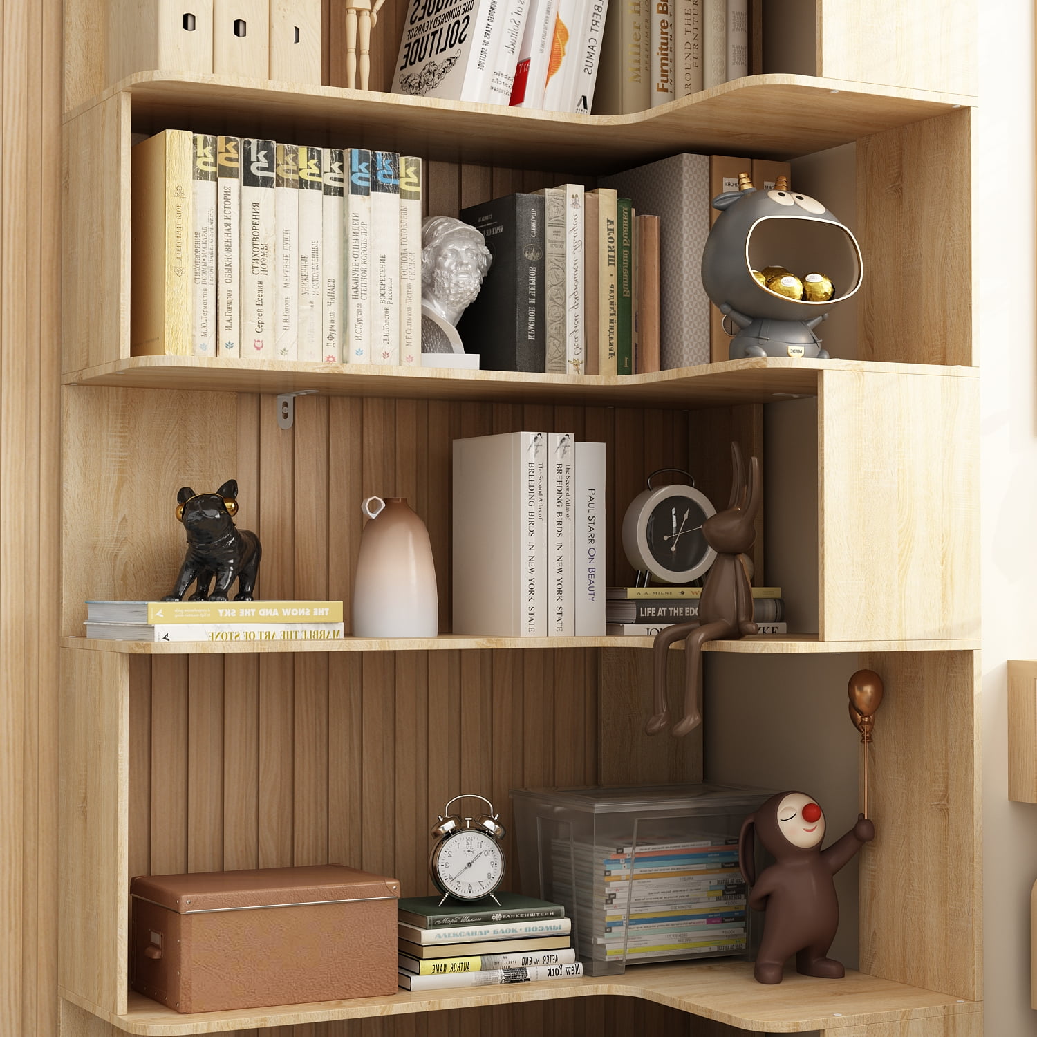 WIAWG 7-Tier Corner Bookcase Bookshelf, Modern Mid Century, Extra Tall, Natural Oak