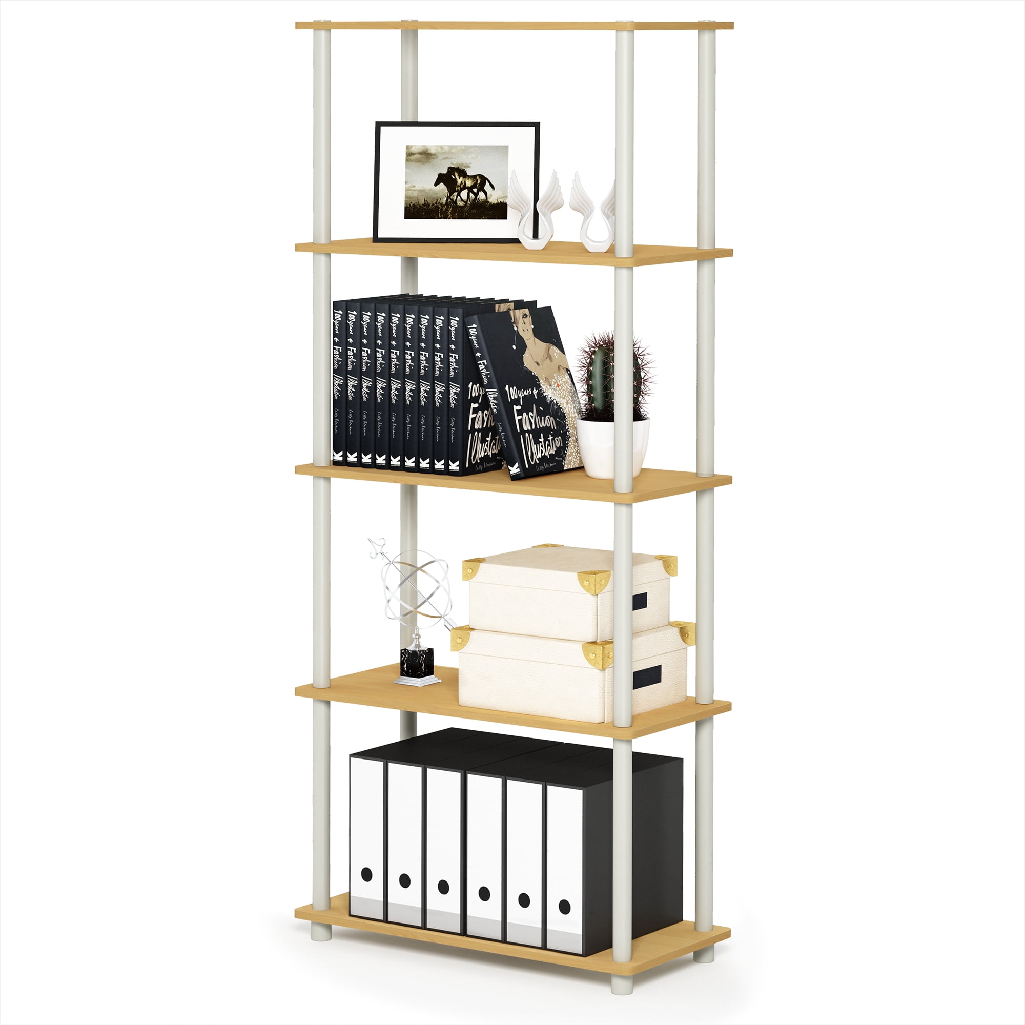 Furinno Rata 5-Tier Industrial Multipurpose Flat Base Shelf Display Rack with Metal Frame, Wide, Marble White