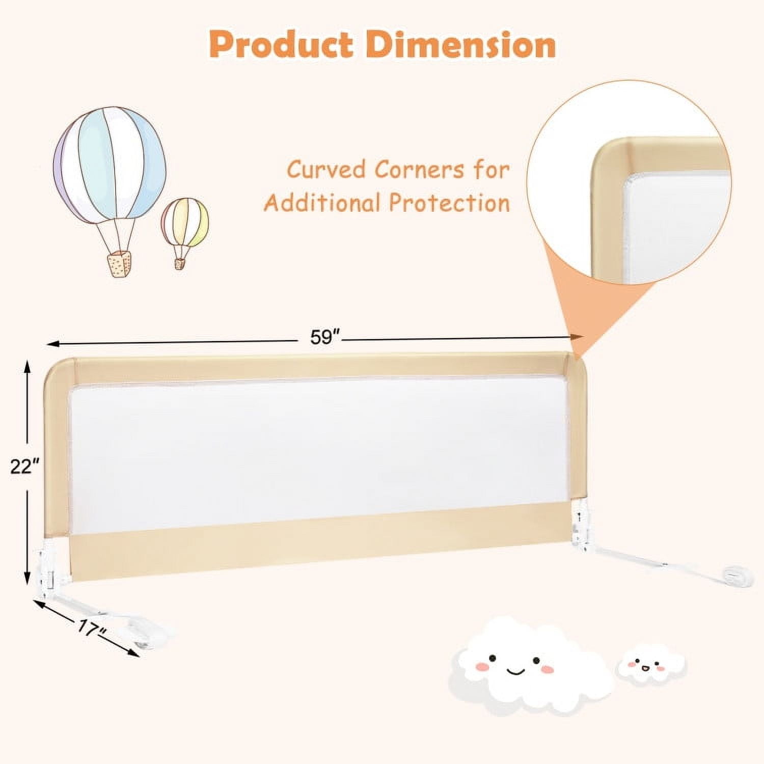YYAo Bed Guard Rails,Bed Fence,Bed Gate for Baby,59 Inch Folding Breathable Baby Bed Rail Guard with Safety Strap-Beige