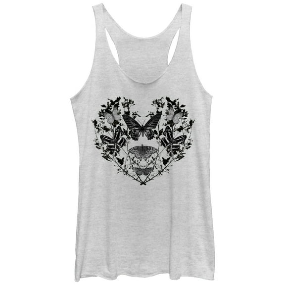 Women's Lost Gods Butterfly Branch Heart  Racerback Tank Top White Heather Small