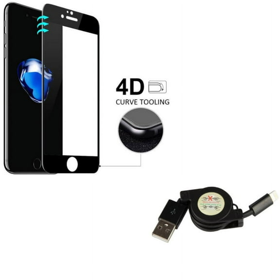 iPhone 7/8 PLUS USB Cable w Screen Protector - Retractable Charger Power Cord, Tempered Glass 4D Touch Curved Edge Full Cover for iPhone 8 PLUS/7 Plus