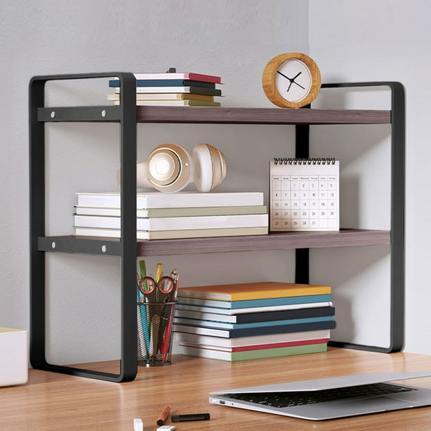 Estantería Organizadora de Escritorio de Dos Niveles | Estantería de Madera con Estructura de Hierro | Soporte Robusto En Forma de H | Esquinas Redondeadas | Multiusos para Oficina, Estudio y Dormito