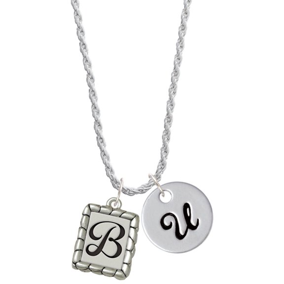 Delight Jewelry Silvertone Pebble Border Initial - B Silvertone Script Initial Disc - U - Charm Necklace, 20" 3"