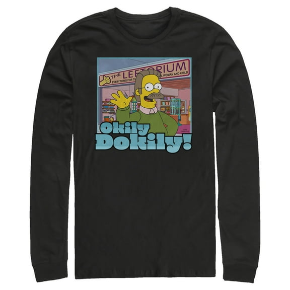 Men's The Simpsons Ned Flanders Leftorium Okily Dokily Long Sleeve Shirt Black X Large
