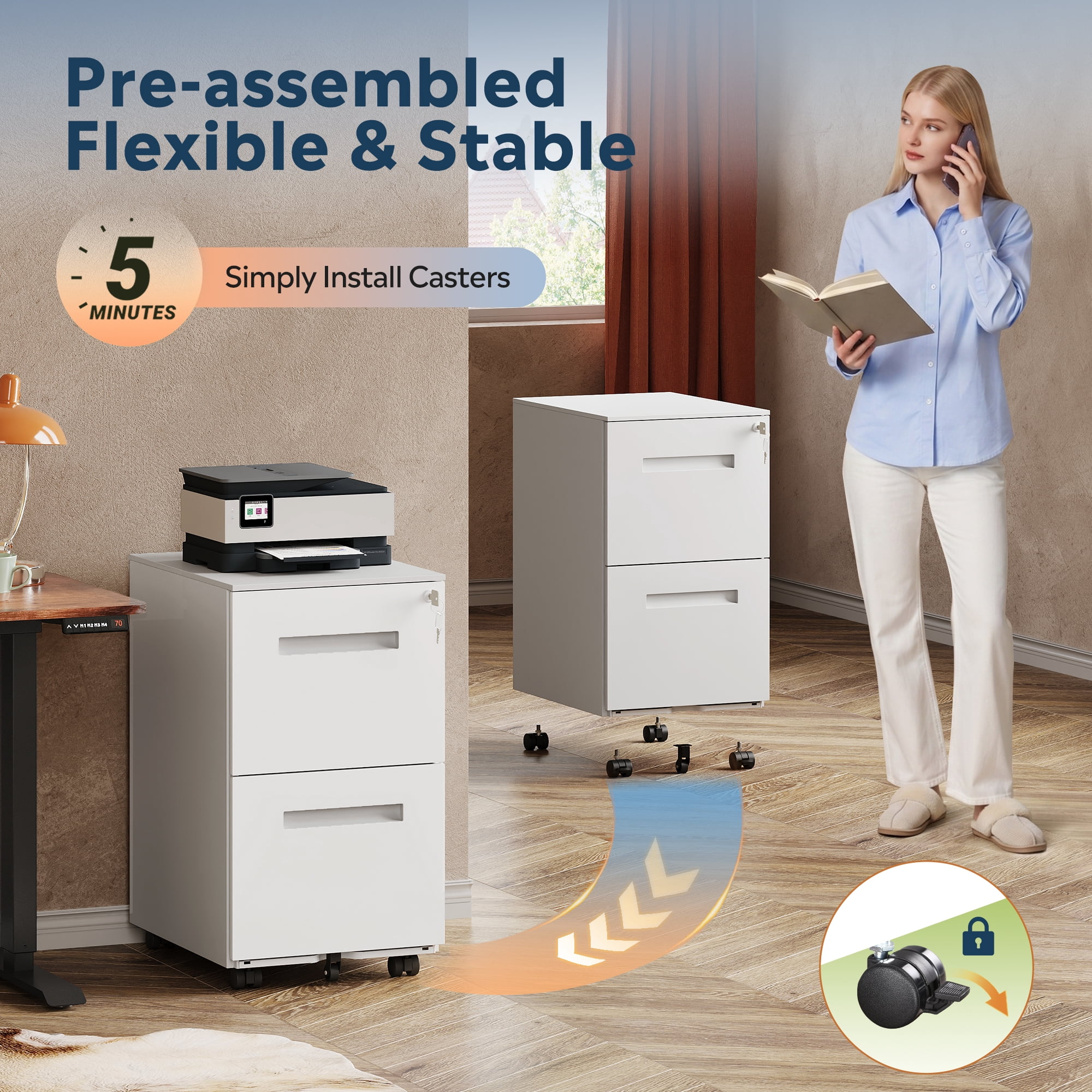 GALAXHERO 2 Drawer Mobile File Cabinet with Lock, Commercial Vertical Filing Cabinet for Home Office, White