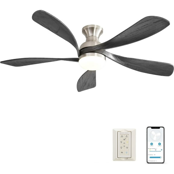 POPFAN 52 Inch Ceiling Fan with Dimmable 3 Colors LED Light Reversible Noiseless DC Motor Smart APP Remote Control, Sliver & Black