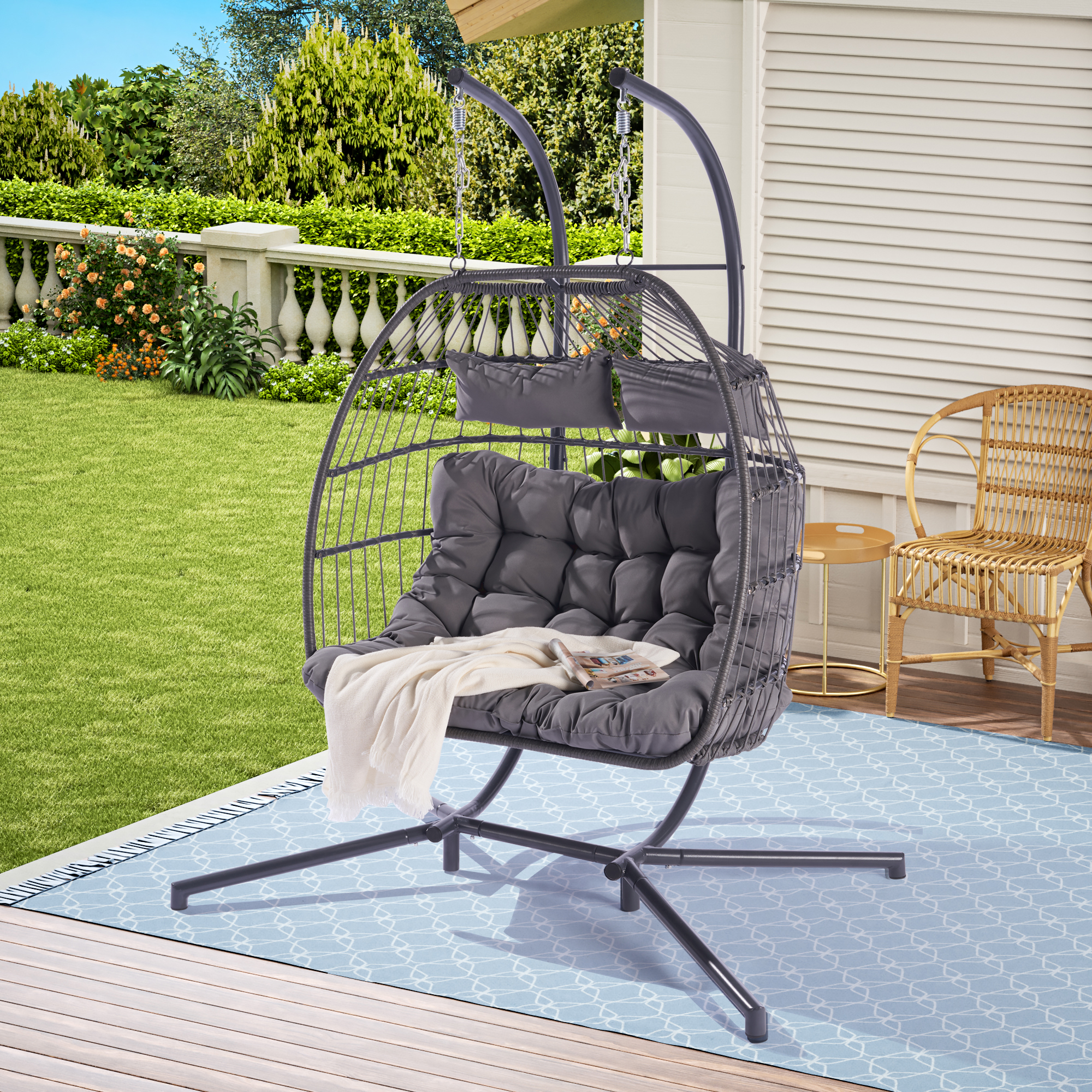 BTMWAY 2 Person Wicker Egg Chair with Stand and Removable Cushion, Outdoor Indoor Swing Hammock Chair Hanging Basket Chair for Patio Balcony Porch Living Room, Light Gray - image 2 of 9