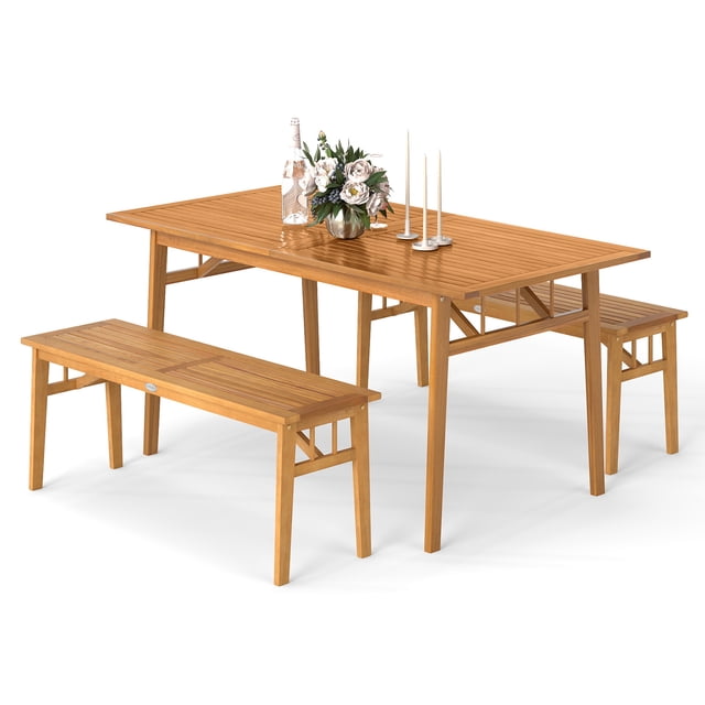 Gymax 3PCS Patio Dining Set Rectangular Picnic Table & 2 Benches w/1.97'' Umbrella Hole