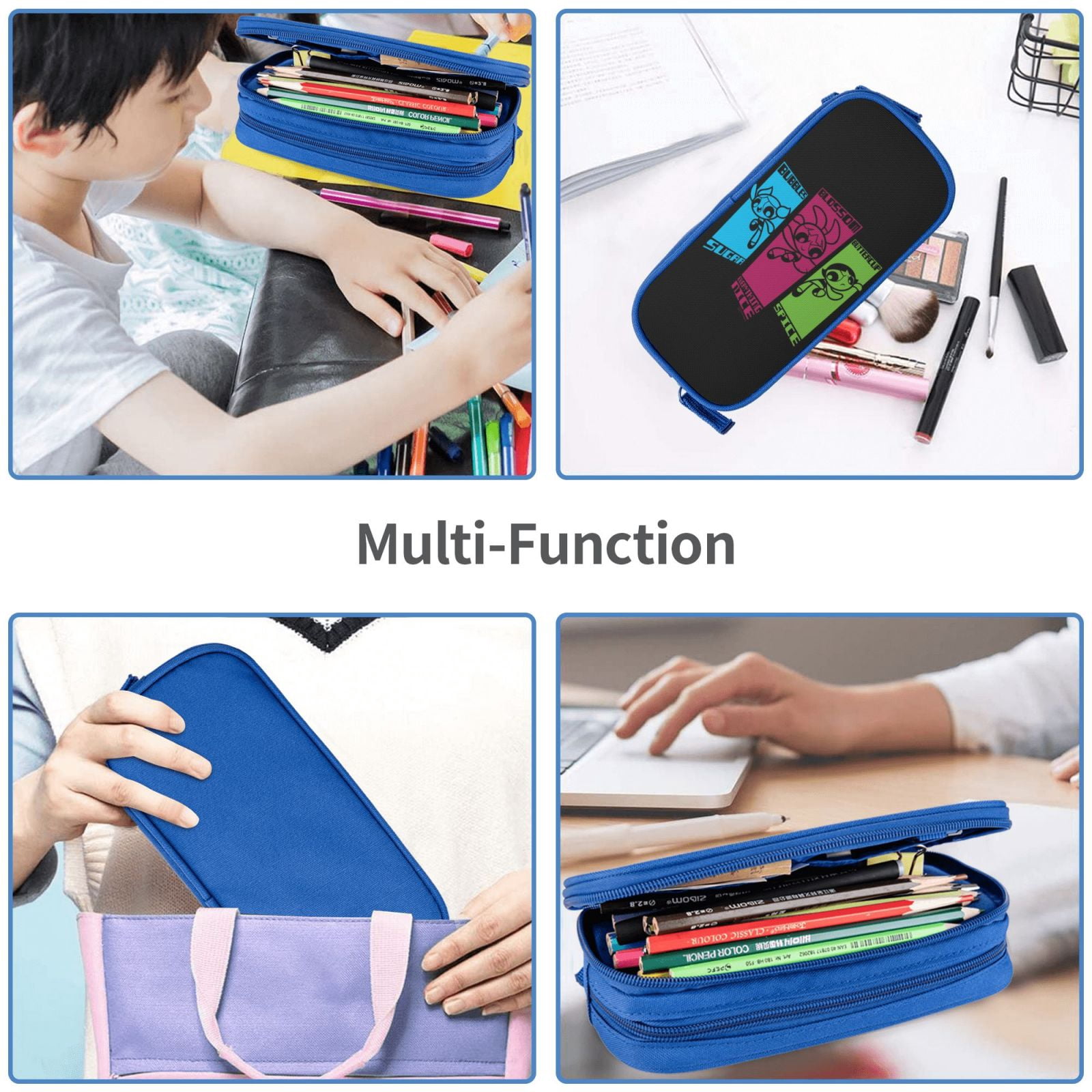 The Powerpuff Gi-rls Pencil Case Large Capacity Pencil Pouch Penbag Office Stationery Organizer Travel Makeup Bag Blue