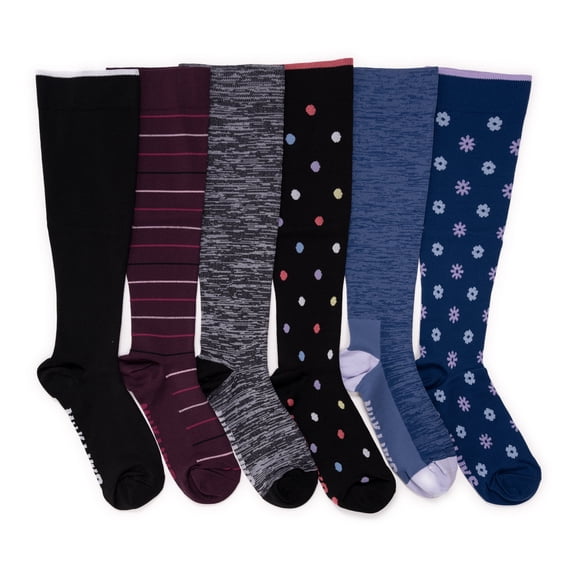 MUK LUKS Women's 6 Pack Nylon Compression Knee-High Socks