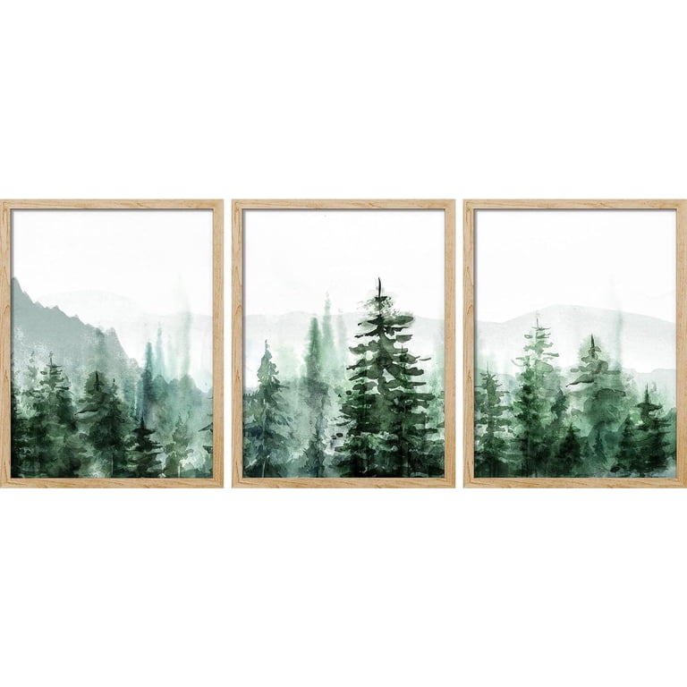 Framed Canvas Print - Green Pine Trees Winter Forest Watercolor Art, 16x16 Inches, Wall Decor