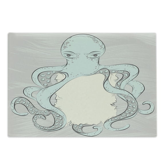Sea Monster Cutting Board, Hand Drawn Messy Illustration of an Octopus Holding Sign, Decorative Tempered Glass Cutting and Serving Board, in 3 Sizes, by Ambesonne