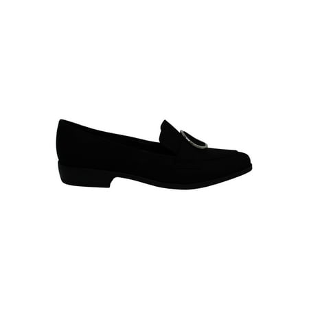 Image of BAR III Womens Black Oxford Design Involve 5f Pointed Toe Stacked Heel Slip On Dress Heeled Loafers 8