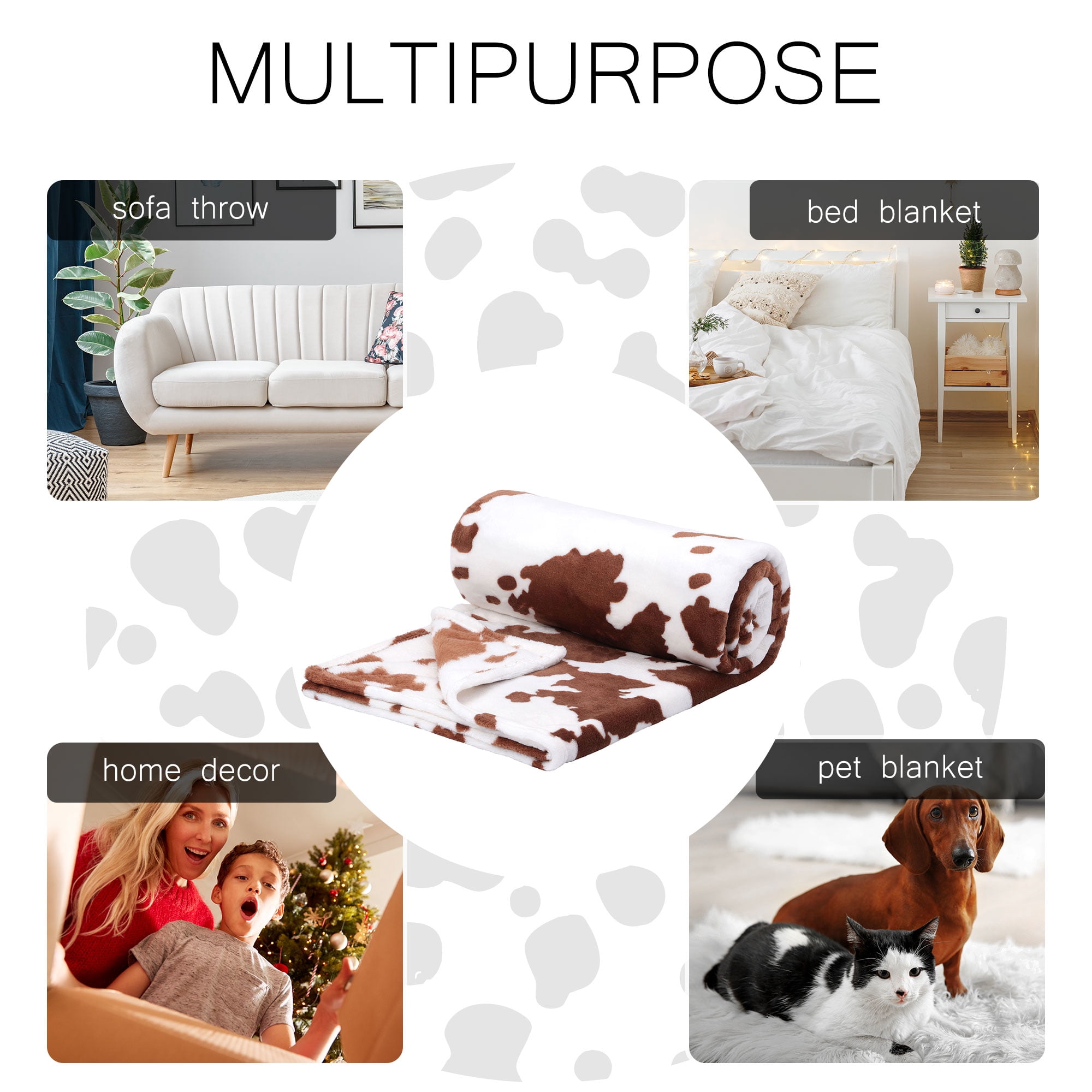 PiccoCasa Cow Printed Soft 300GSM Flannel Throw Blanket Sofa Bed Brown 39" x 51"