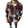 thumbnail image 1 of Capreze With Pocket Tunic Shirt Plaid Tops Men Slim Fit Button Down Blouse Vacation Long Sleeve Shirts Red Gray XL, 1 of 2