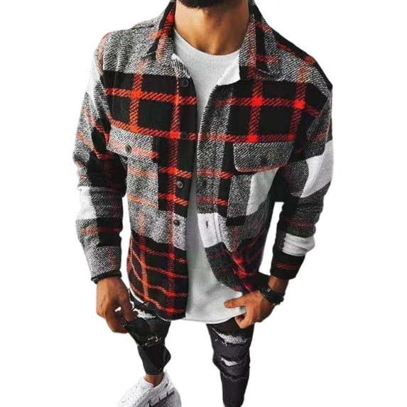 MAWCLOS Men's Slim Fit Lattice Plaid Super Soft Flannel Shirt Lapel V Neck Button Up Cardigan Jackets S-5XL Red Grey Grid XXL