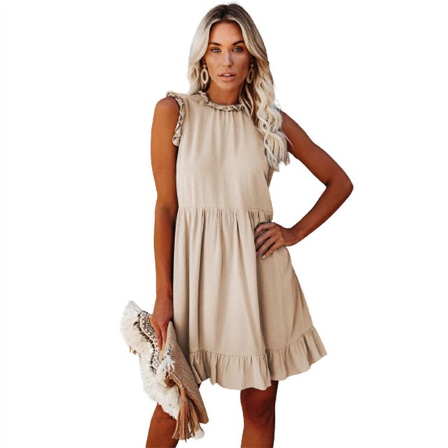 New Women's Solid Color Sleeveless Ruffle Stitching A Line Dress Pleating Casual Dress