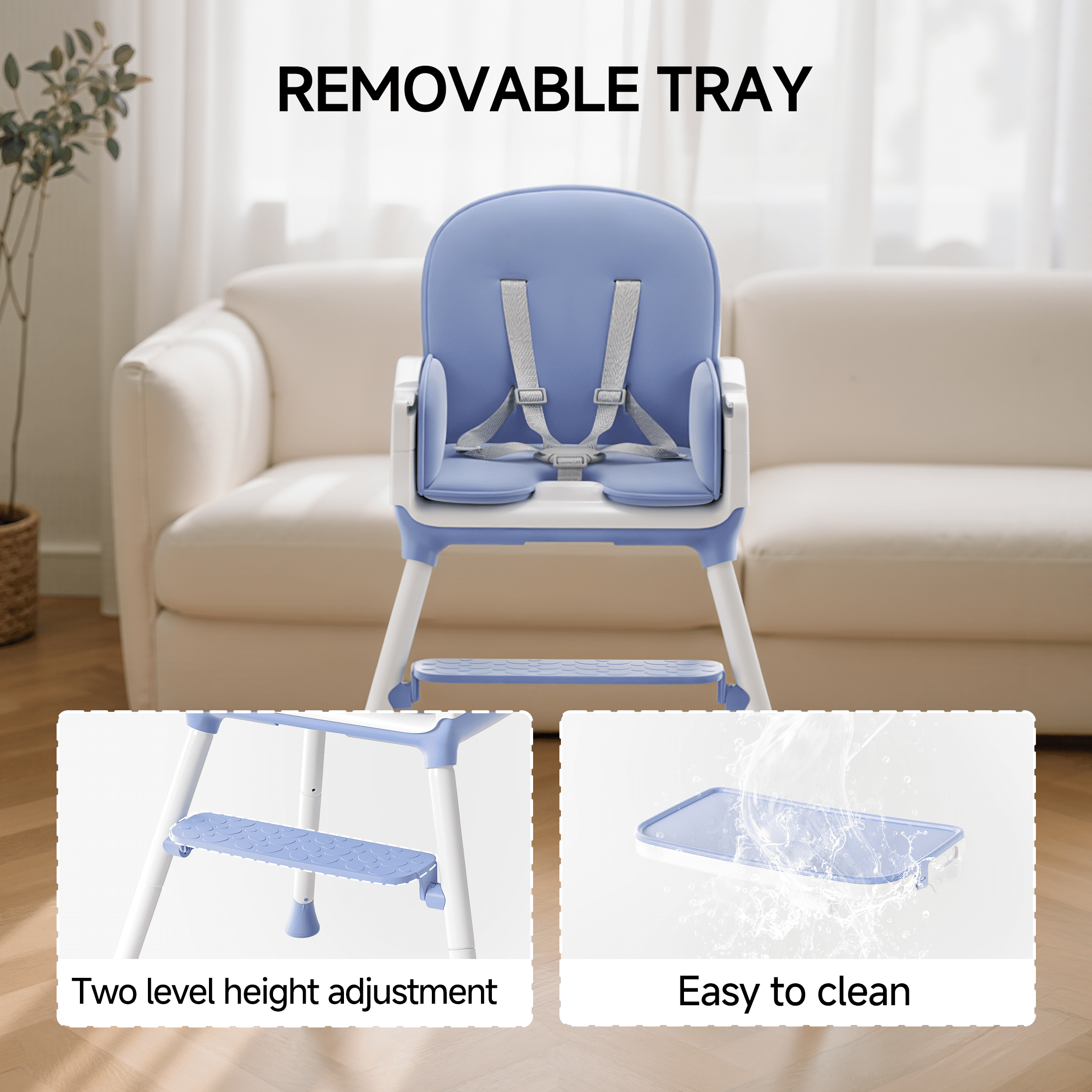 Babyomi 3-in-1 foldable Baby high chair, convertible highchairs for babies and toddlers with Adjustable Legs & Dishwasher Safe Tray, for6 months to 5 years old，blue
