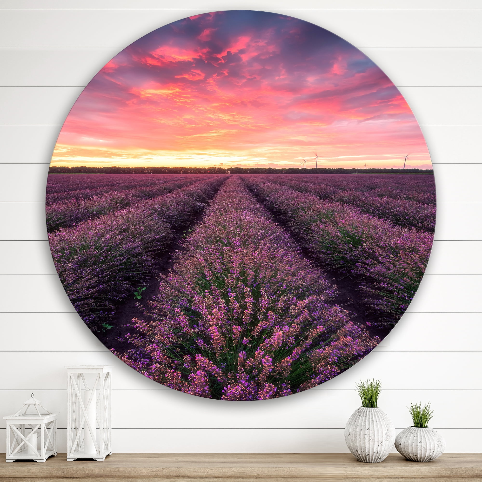 Designart 'Dramatic Clouds and Sunrise Over Lavender Field XIV' Farmhouse Circle Metal Wall Art 29x29 - Disc of 29