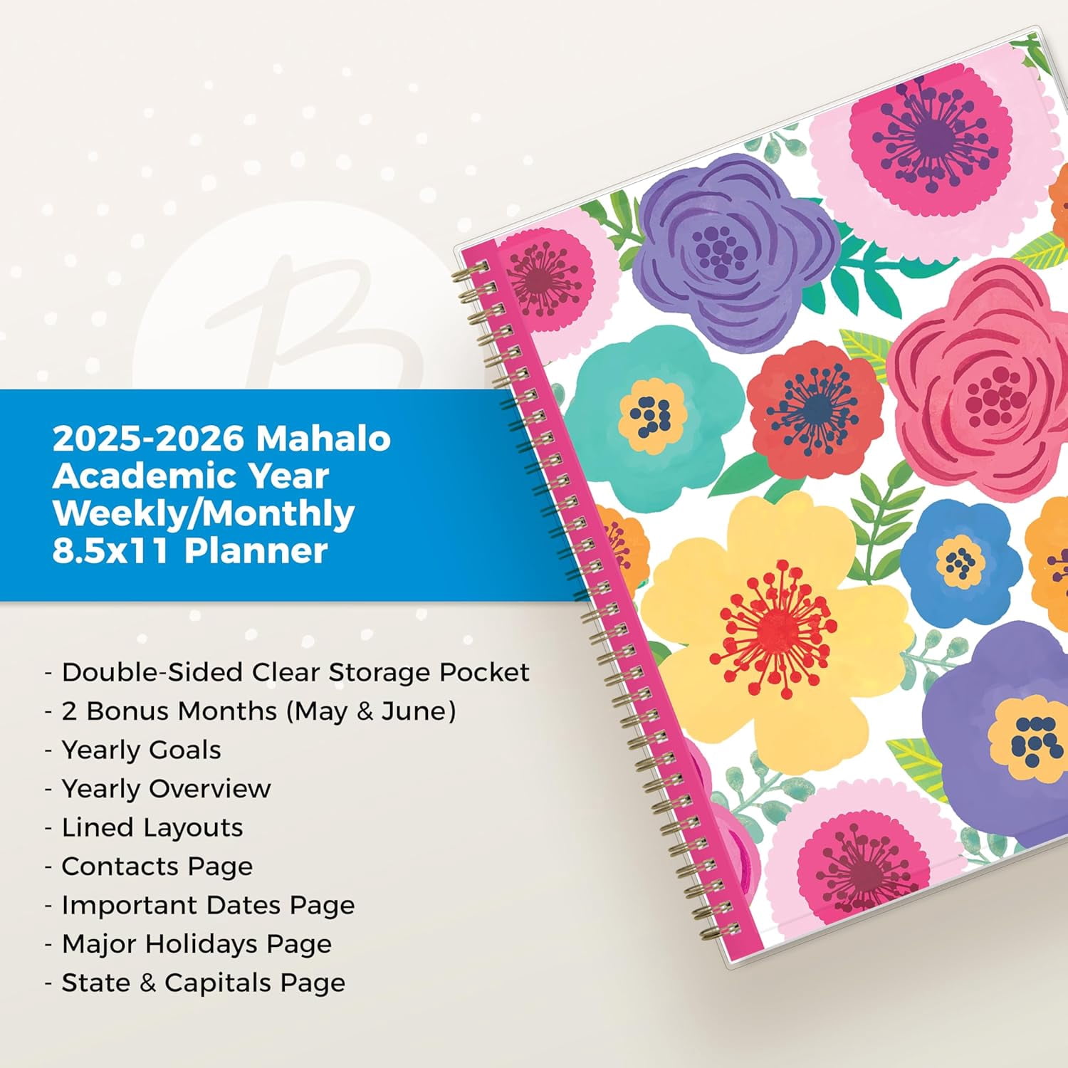 2025-2026 Weekly and Monthly Academic Year Planner Calendar, July 2025 - June 2026, 8.5" x 11", Flexible Cover, Wirebound, Storage Pocket, Laminated Tabs, Mahalo