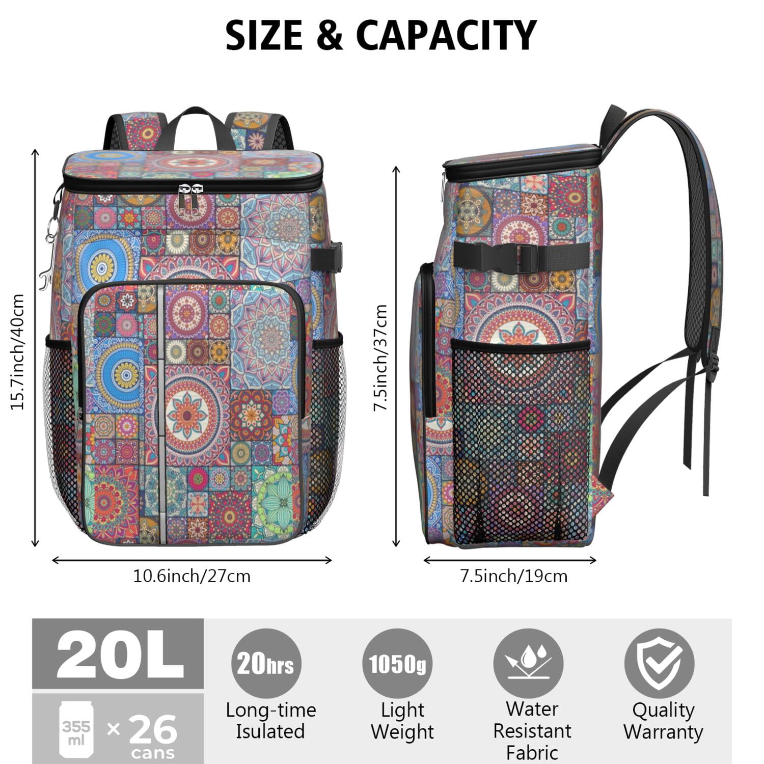 Travel Cooler Bag - Boho Bohemia Flower Camping Beer Cooler Backpack with Bottle Opener- Waterproof Insulated Picnic Backpacks - Cooler Bag for Beach