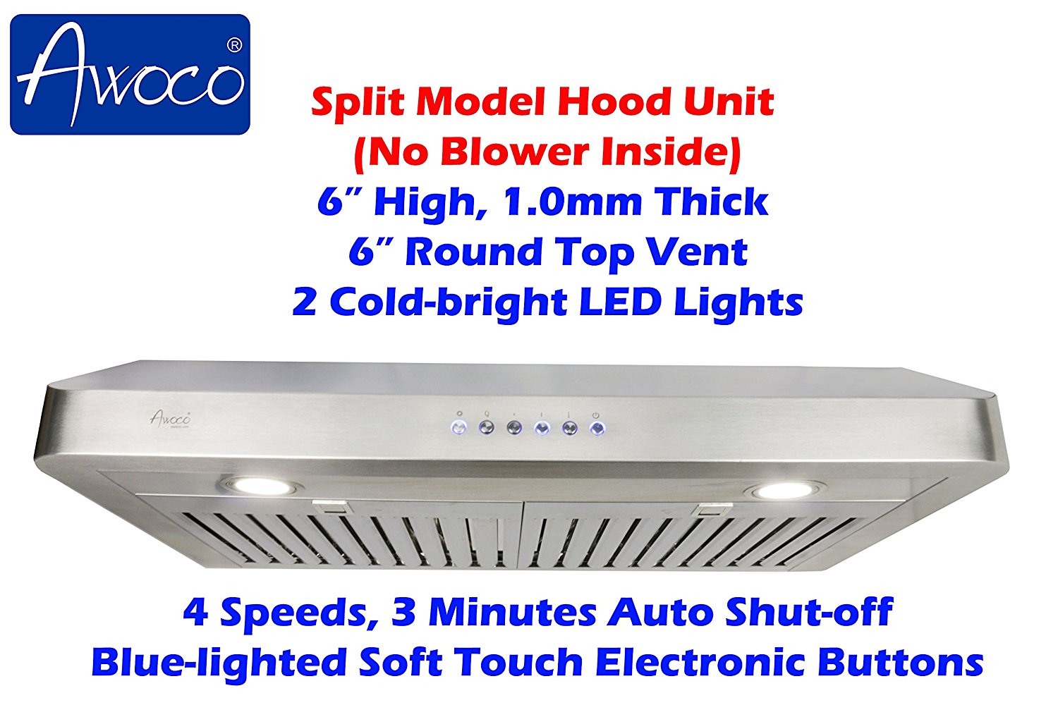 Awoco Split Super Quiet Range Hood 6" High Stainless Steel Under